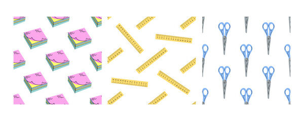 Seamless patterns with sticky notes, rulers, and scissors in flat doodle style