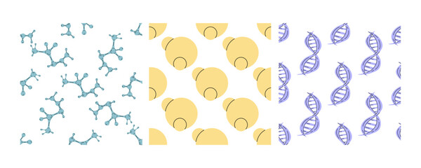 Fototapeta premium Seamless patterns with molecules, abstract circles, and DNA strands in flat doodle style