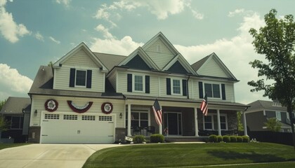 A suburban home adorned with flags and decorations.