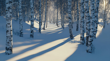 Serene winter forest with snow-covered paths and long shadows cast by birch trees