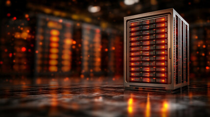 modern data server with glowing lights, showcasing advanced technology in digital environment. vibrant colors create dynamic atmosphere, emphasizing innovation and connectivity
