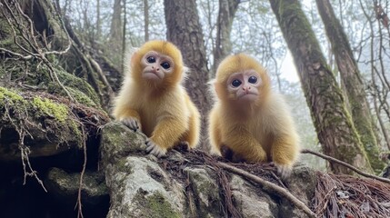 Naklejka premium Precious Golden Baby Monkeys in a Forest