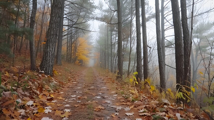 Fototapeta premium Autumn forest path with fog and leaves, peaceful atmosphere, serene nature scene
