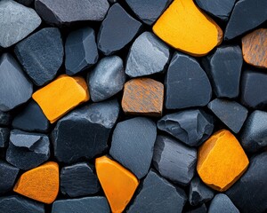 Abstract Texture of Dark Grey and Vivid Orange Stones Close Up Rock Wall Background