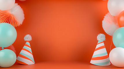 vibrant birthday scene featuring colorful party hats, balloons, and decorative elements against orange backdrop, creating festive atmosphere for celebrations