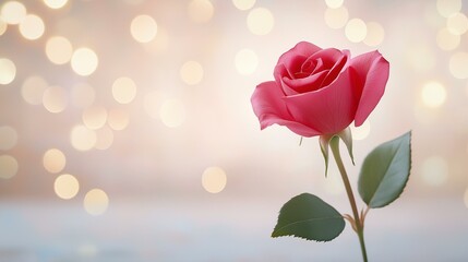 Obraz premium A beautiful pink rose stands elegantly against a soft bokeh background, symbolizing love and romance.