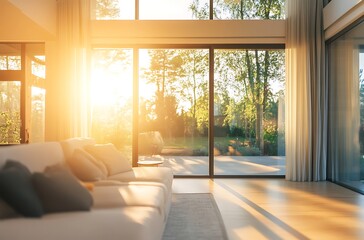 Blurred living room interior with large windows and sun rays