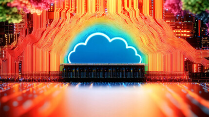 vibrant design featuring flowing data streams and cloud symbol, representing digital connectivity and technology. colorful backdrop enhances futuristic theme