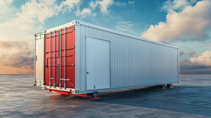 Obraz premium Large metal shipping container, wheeled, outdoors, sunset.