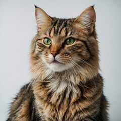 Fototapeta premium A beautiful multi-colored tabby cat with soft fur and playful green eyes, sitting happily on a white background.