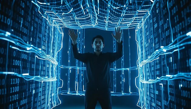 Man Interacting with Futuristic Digital Data Stream and Binary Code in Immersive Virtual Reality Environment
