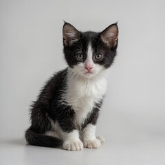 Obraz premium A cute black and white kitten with a curious look, sitting and staring at the camera against a pure white background.