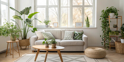 Fototapeta premium Inviting Bright Living Room Featuring a Sofa, Table, and Houseplants for a Cozy Feel