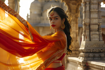 Elegant Indian woman in orange sari with flowing dupatta in a sunlit temple courtyard