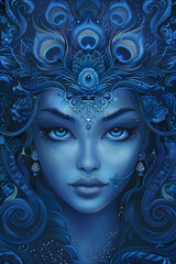 Elegant depiction of an Indian goddess with peacock-inspired detailing in shades of blue