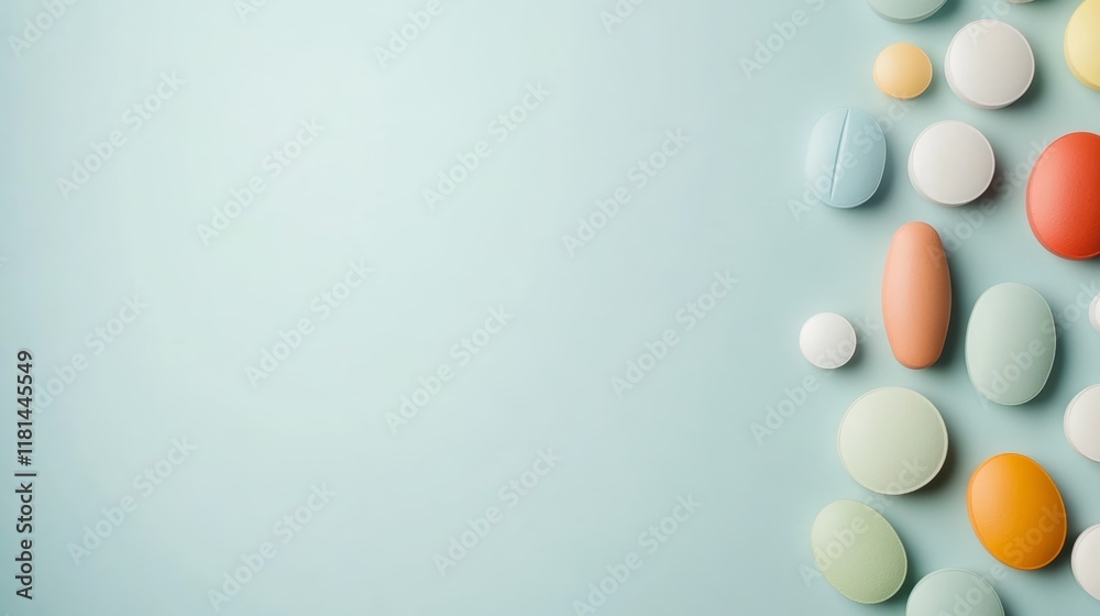 Poster Medical pills and capsules in various shapes and colors arranged diagonally on a light blue background, creating a visually appealing composition with ample copy space
