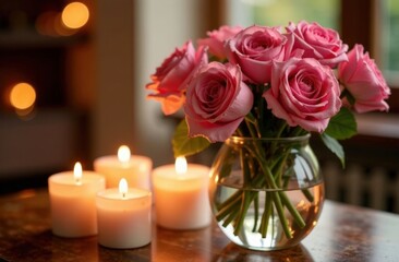 Graceful pink roses and candles, romantic setting, enhancing a cozy atmosphere, warm glowing light