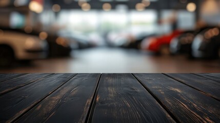 Empty dark wooden table top on blurred car dealership background. Generated AI