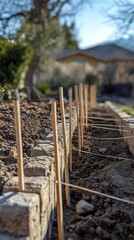Ground Preparation for Landscaping with Wooden Stakes and String Lines