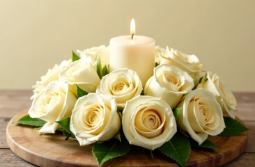 Obraz premium White roses arranged around a lit candle, creating a romantic and elegant centerpiece, conveying warmth and love, wooden platter background