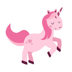 Cute pink unicorn. Fabulous unicorn in flat style. Vector illustration isolated for greeting card, poster, print, textile, children books, wallpaper.