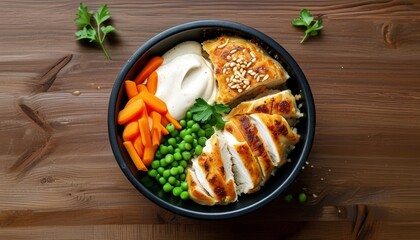 Delicious Chicken Pie Bowl with Vegetables and Creamy Sauce on a Wooden Table