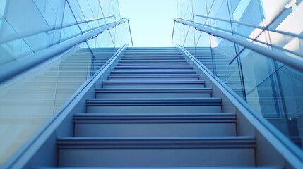 A modern staircase ascends towards a bright sky, framed by sleek glass, creating a sense of openness and upward movement.