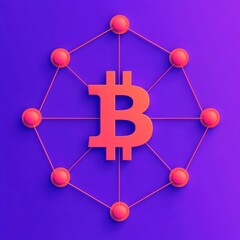 A blockchain network diagram with connected nodes, representing blockchain asset allocation, each node has bitcoin symbol
