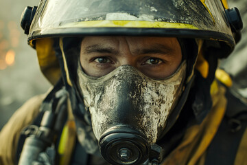 Fototapeta premium Generative AI Representation of a Firefighter Wearing a Protective Gas Mask During a Rescue Operation