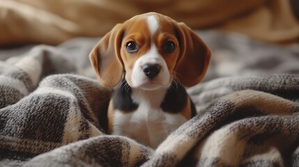 Beagle puppy sitting on a soft plaid blanket with its floppy ears and curious eyes in focus captured in a cozy home setting