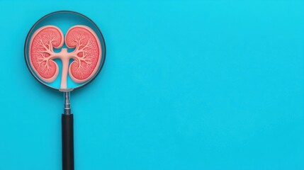 Abstract illustration of a magnifying glass focusing on kidney anatomy. Health check-up and kidney care concept. Magnifying glass looking at kidney.