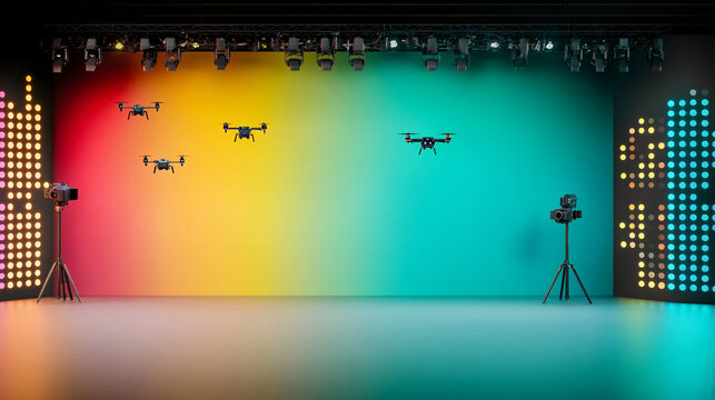 vibrant tech showcase featuring drones and cameras against colorful backdrop. scene captures innovation and creativity in modern exhibition space