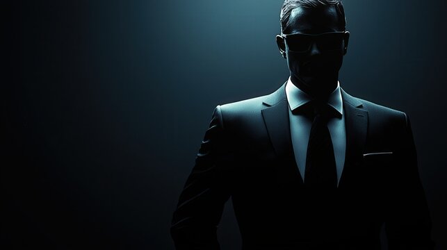 A shadowy figure in a suit exudes an air of mystery and sophistication under dramatic lighting.