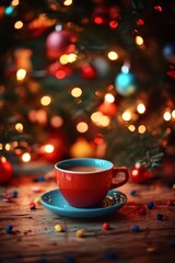 Fototapeta premium Festive Cheer Cozy Red Coffee Cup on Table with Holiday Lights and Ornaments Blurred in Background