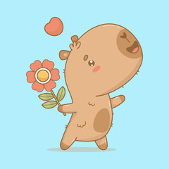 Adorable cartoon capybara with flower and heart. Cute enamored kawaii character animal. Vector illustration. Holiday Valentine cool card
