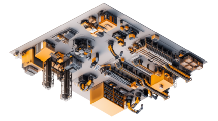 Abstract 3D Rendering of a Complex Circuit Board with Gold and Grey Components
