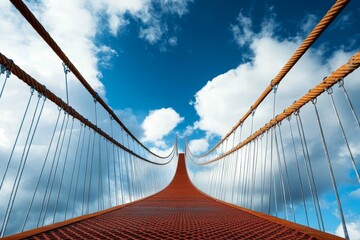 Obraz premium Suspension bridge walkway, cables, sky, clouds.