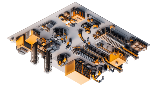 Abstract 3D Rendering of a Complex Circuit Board with Gold and Grey Components