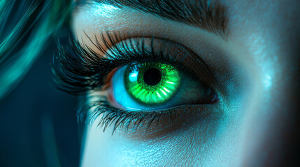 Close-up of an eye with glowing green iris in a blue ambiance