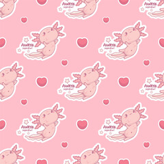 Seamless pattern with cute Axolotl superstar on pink background with heart. Funny Little cartoon kawaii character. Vector illustration. Romantic valentine backdrop