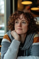 Thoughtful woman with curly hair in cozy cafe setting