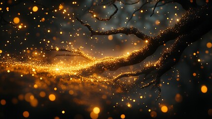 Black background adorned with golden glitter and glowing fairy lights for glamorous party invitations or celebratory messages