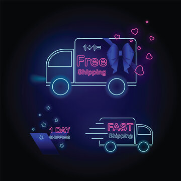 Neon Banner Set with Free Shipping, Fast Shipping and One day Shipping text, harts, trucks, blue bow and stylish navy blue elements for Digital and Retail Marketing