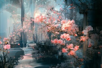Obraz premium Pink blossoms, layered cityscape, abstract art.