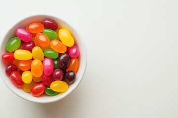 Obraz premium Colorful jelly beans delight white background food photography minimalist setting top-down view sweets for all occasions