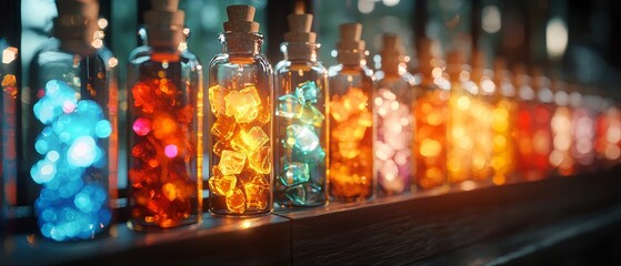 Obraz premium Illuminated Glass Bottles Filled with Colorful Crystals Glowing Gems in Jars Mystical Potion