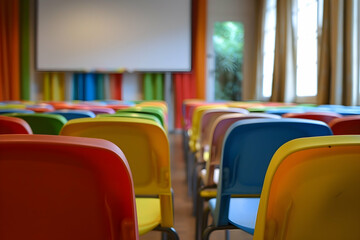 Fototapeta premium Empty colorful chairs in a presentation room.