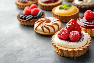 Delightful sweets and elegant dessert pastries featuring tarts and berries bakery culinary showcase cozy environment close-up view gourmet concept