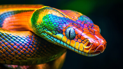 Vibrant close-up of a colorful iridescent snake with striking scales
