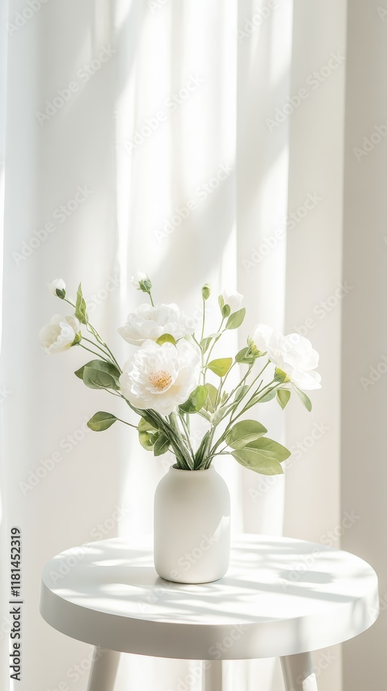 Poster sunlight streams through sheer white curtains illuminating a white vase filled with white flowers si